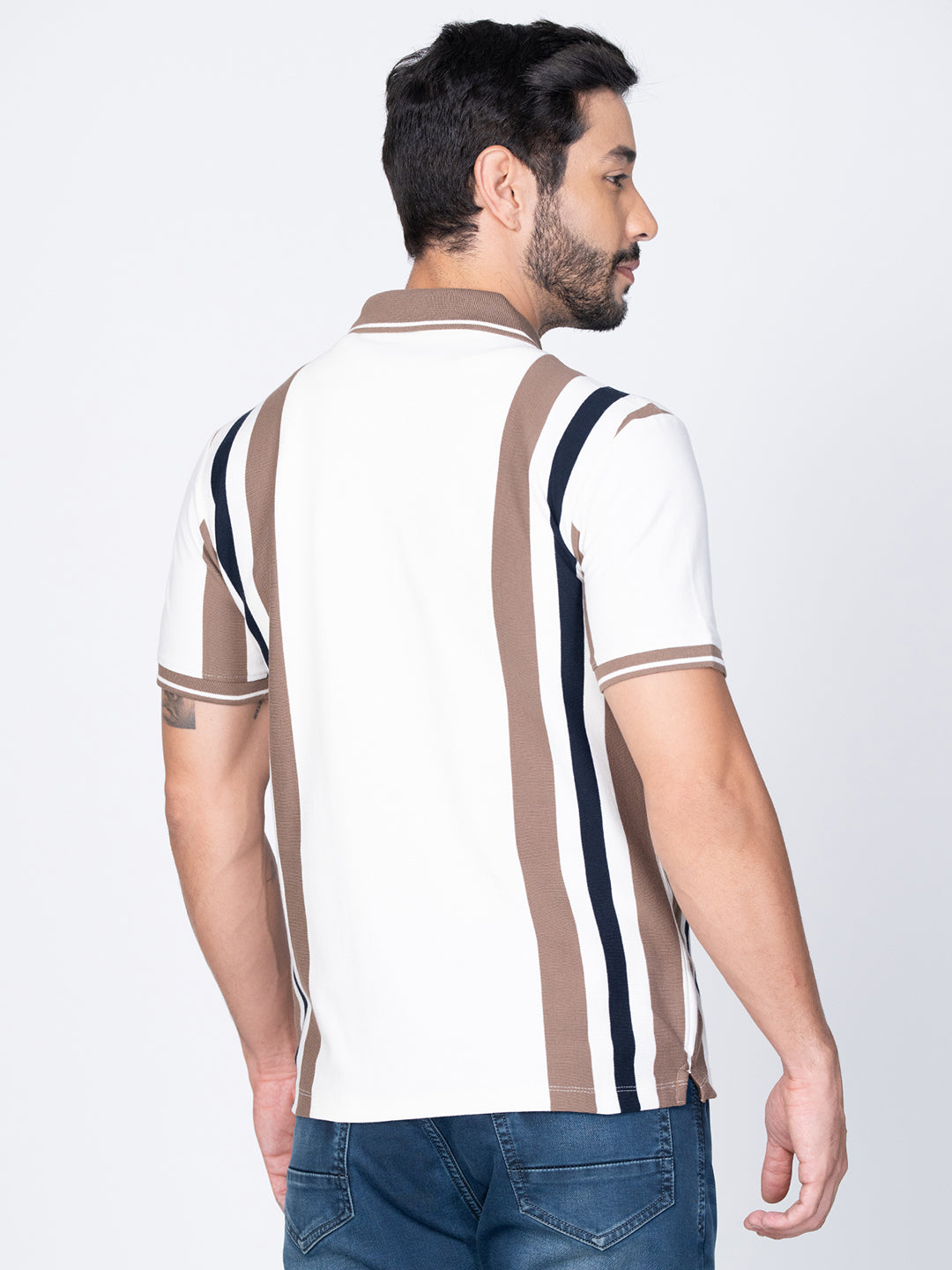 Men Polo Vertical Stripes White T-Shirt