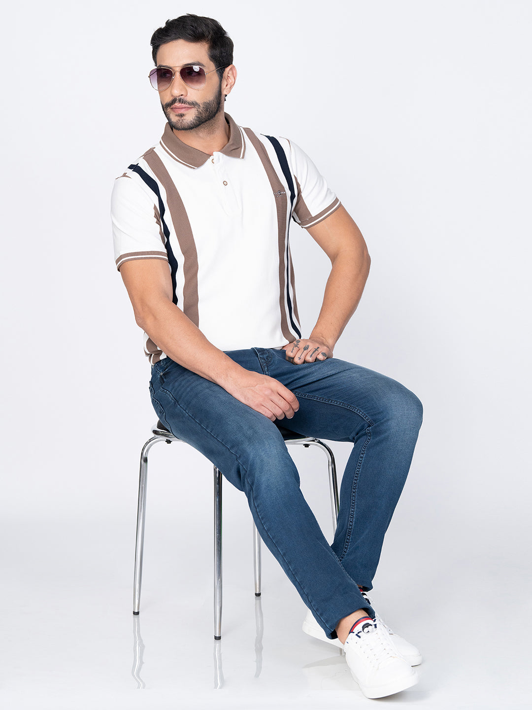 Men Polo Vertical Stripes White T-Shirt
