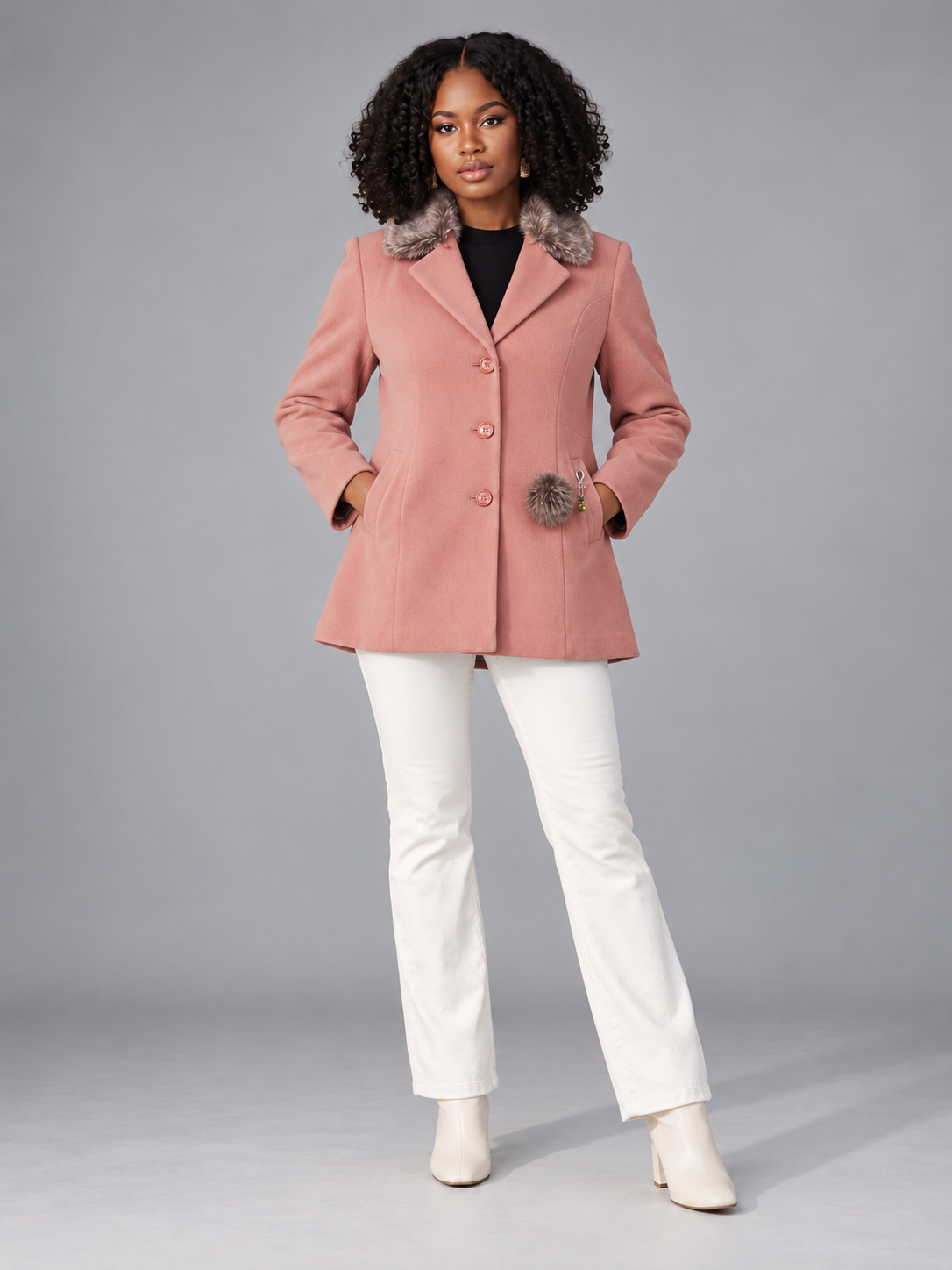 Women’s Premium Long Fur Blazer with Notched Collar