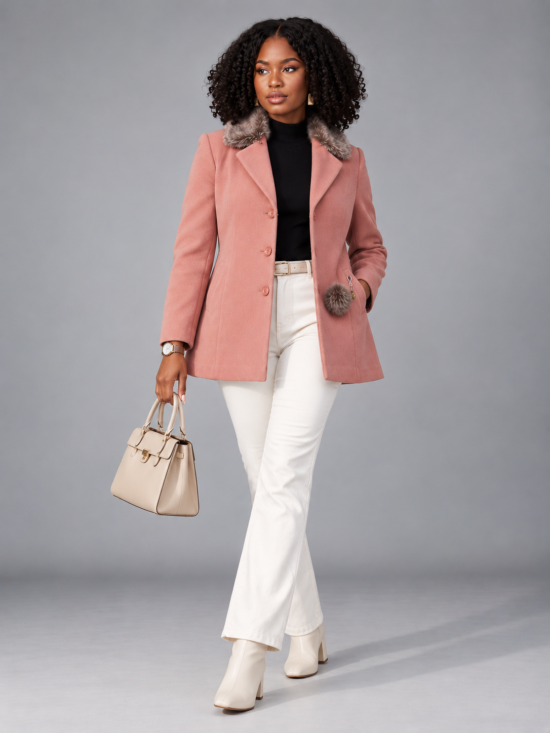 Women’s Premium Long Fur Blazer with Notched Collar