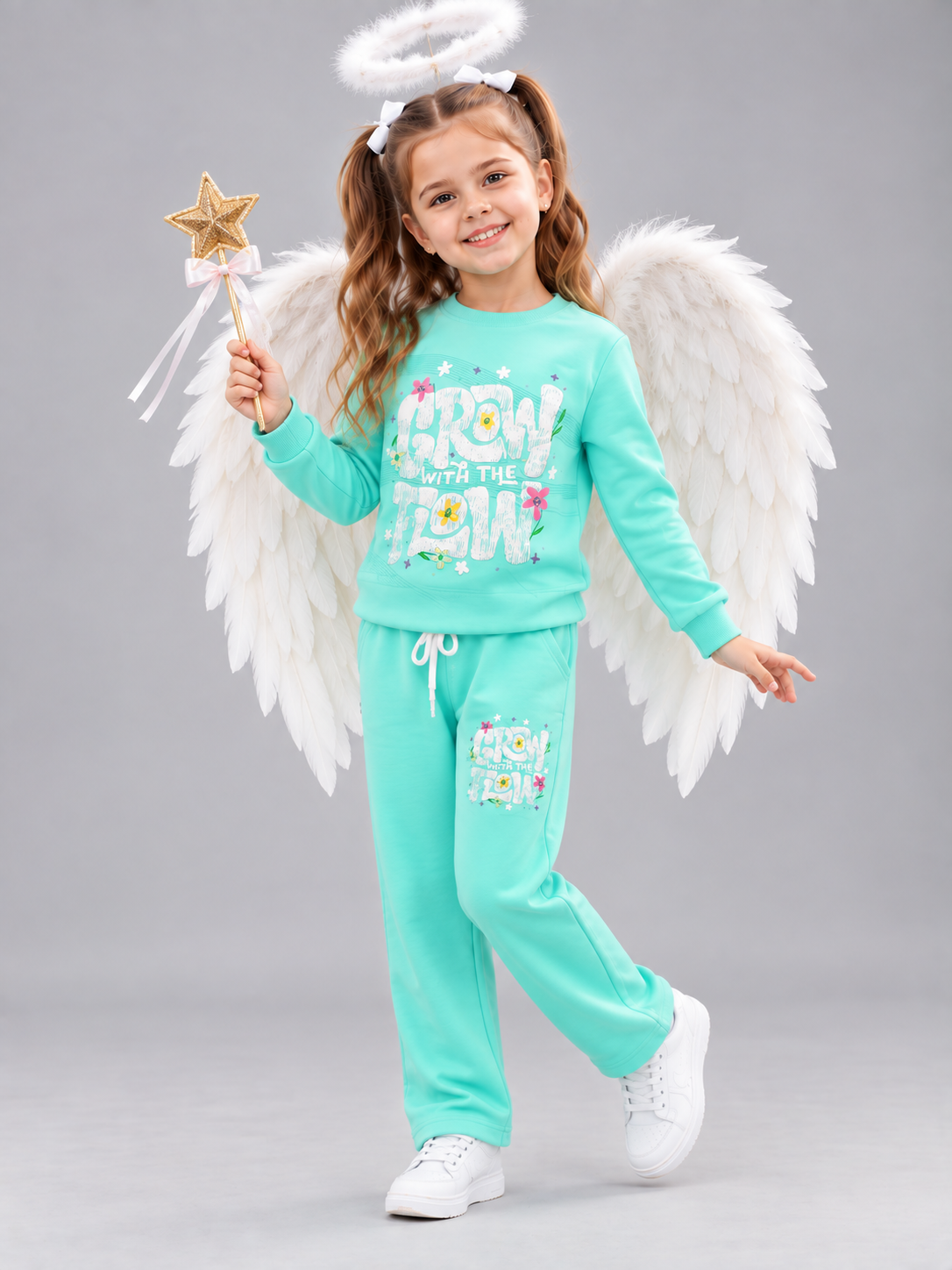 Girl's Stylish Chest Print Round Neck Co-Ord Set
