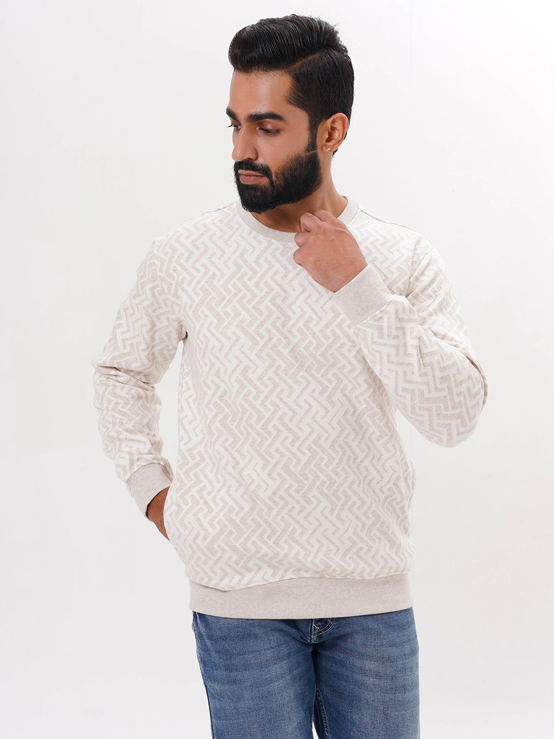 Men's Beige Solid  Full Sleeves Sweatshirt