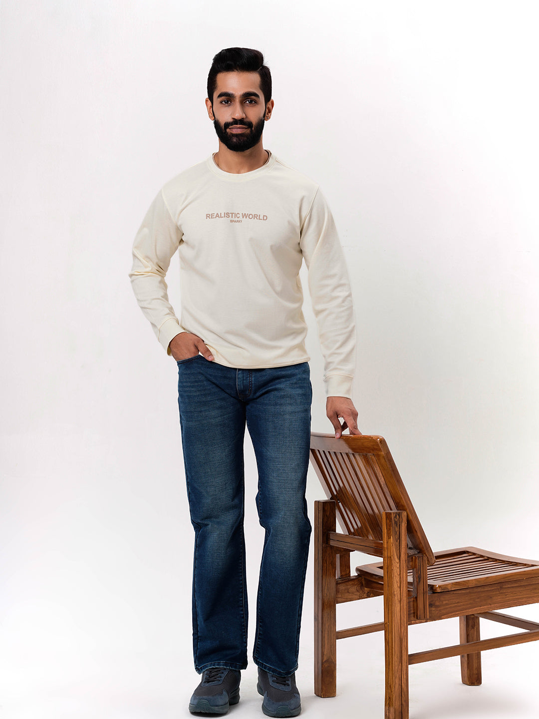 Men's Cream Solid  Full Sleeves Sweatshirt