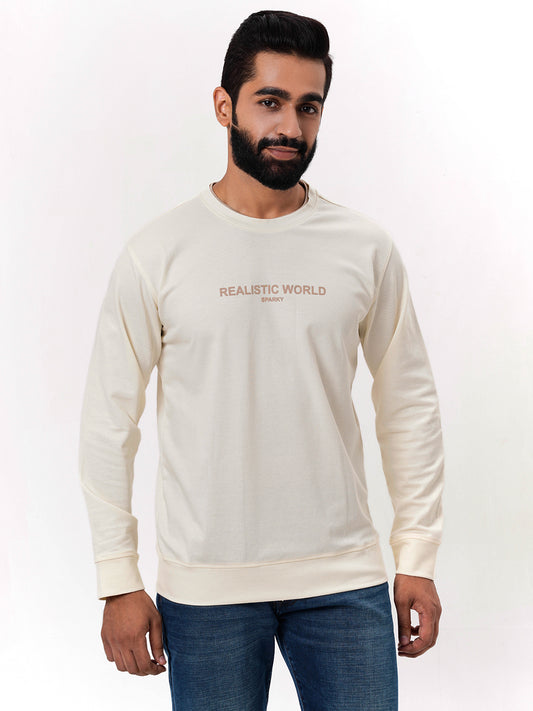 Men's Cream Solid  Full Sleeves Sweatshirt