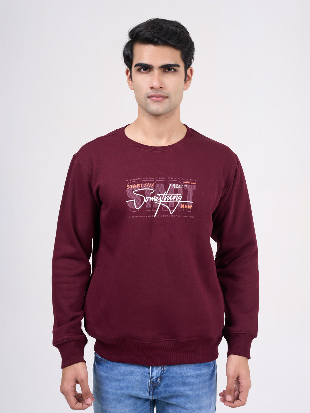 Men's Wine Solid Full Sleeves Sweatshirt