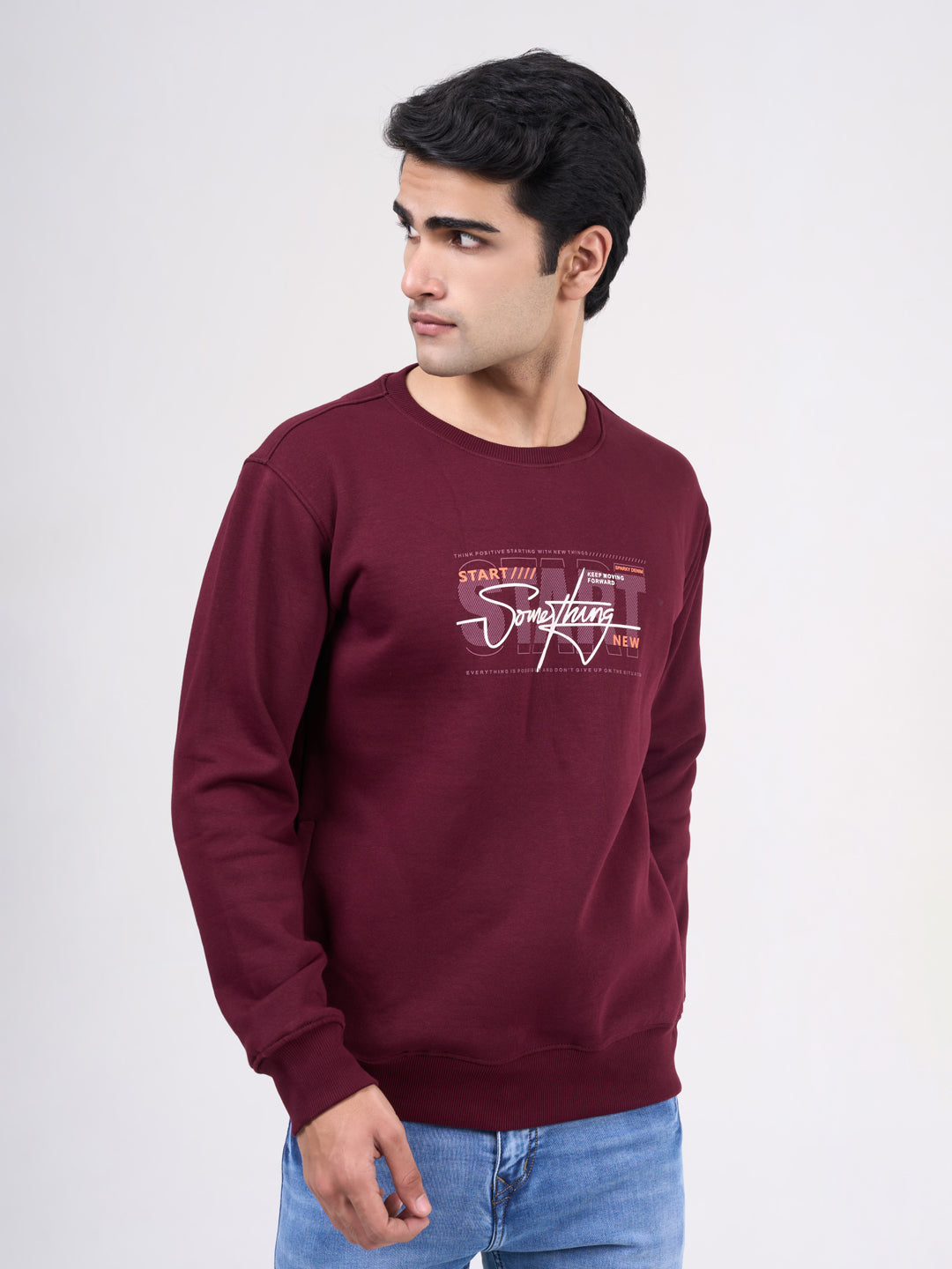 Men's Wine Solid Full Sleeves Sweatshirt