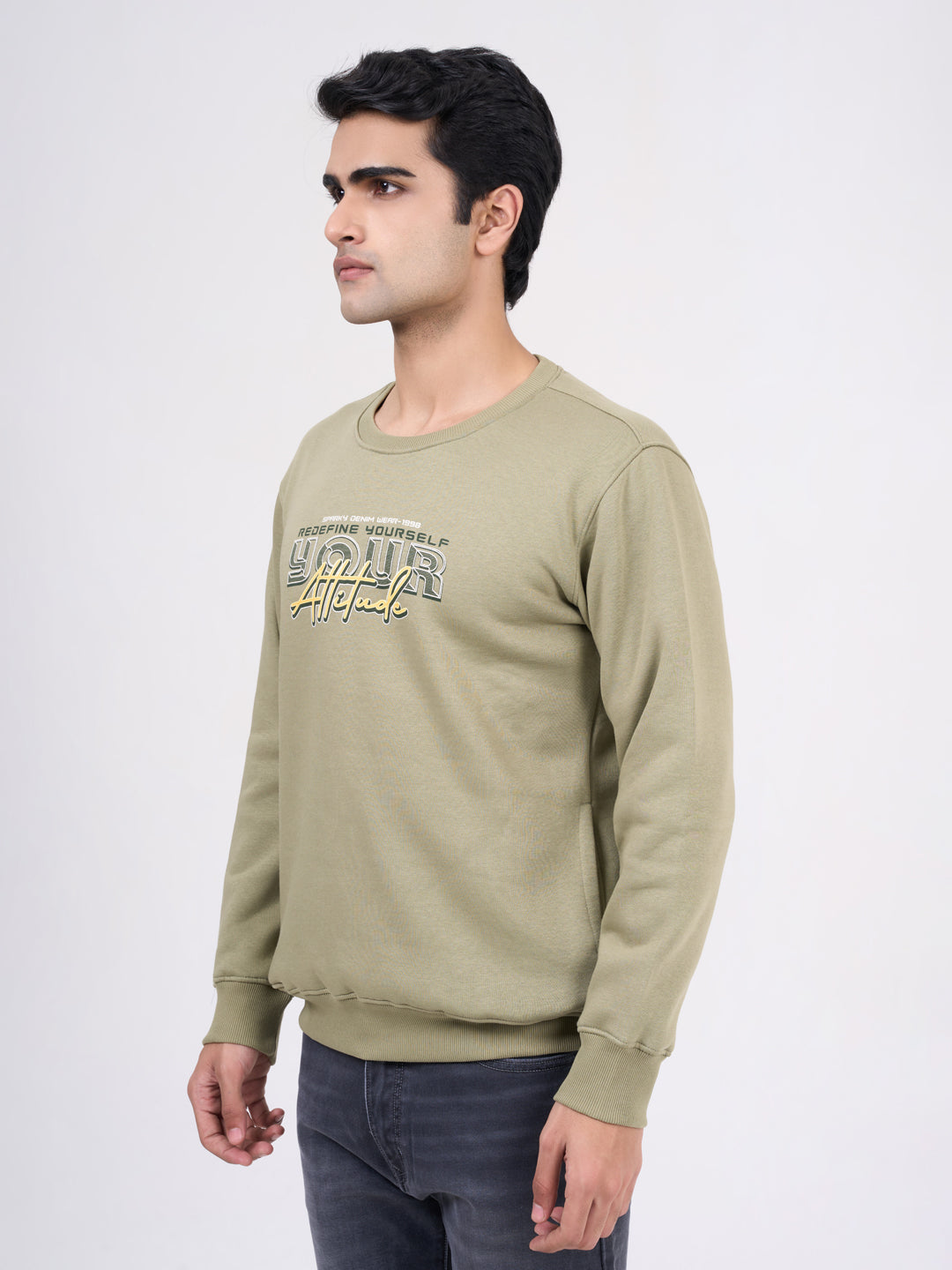 Men's Olive Solid Full Sleeves Sweatshirt