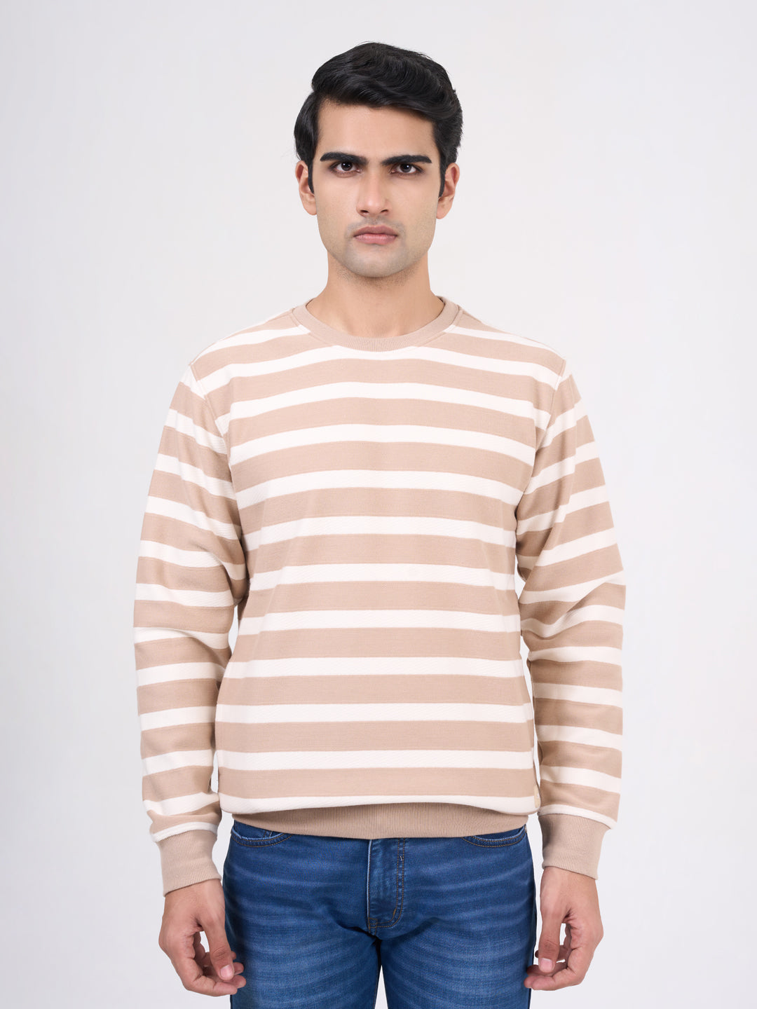 Men's Beige Solid Full Sleeves Sweatshirt