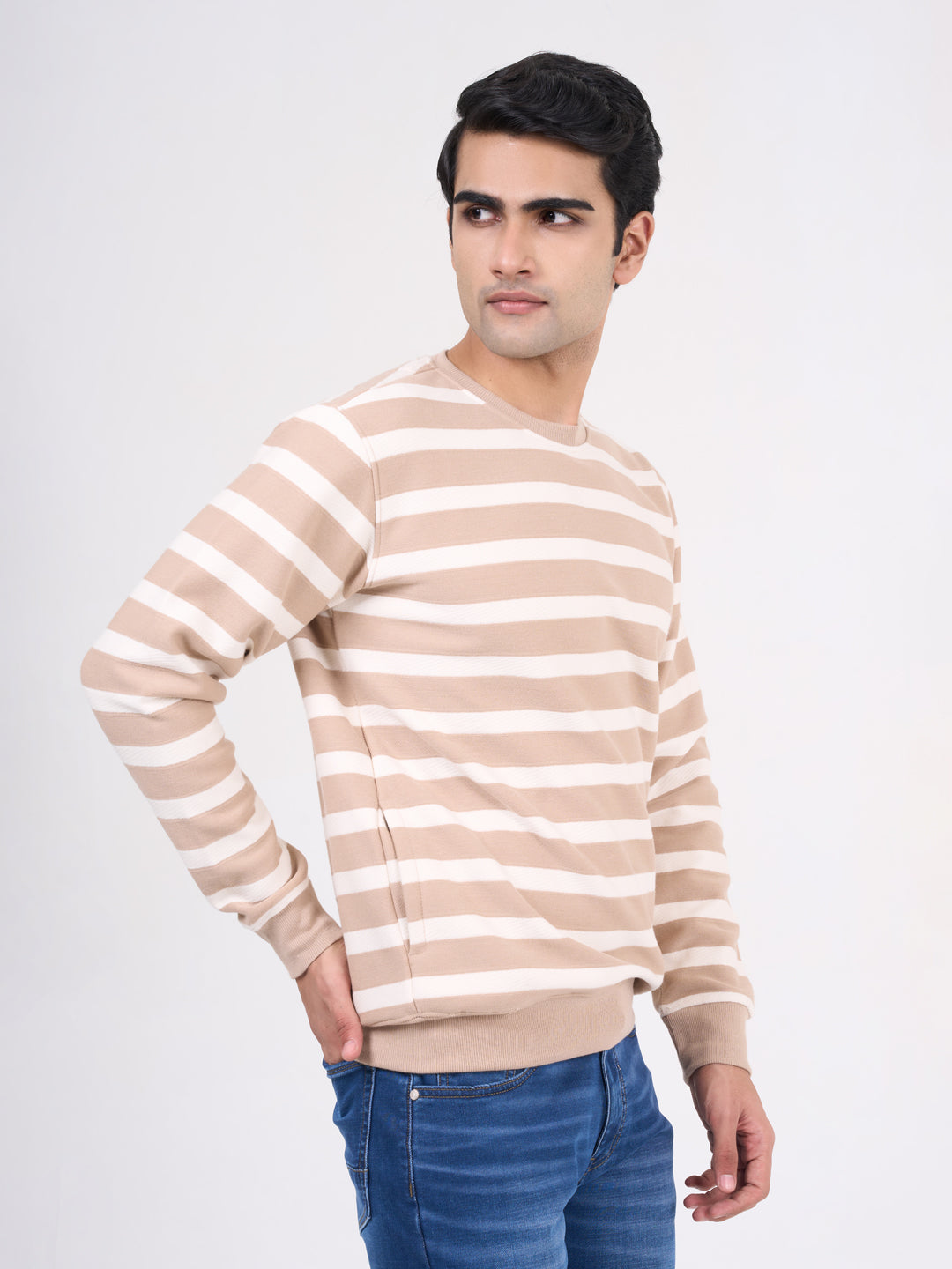 Men's Beige Solid Full Sleeves Sweatshirt