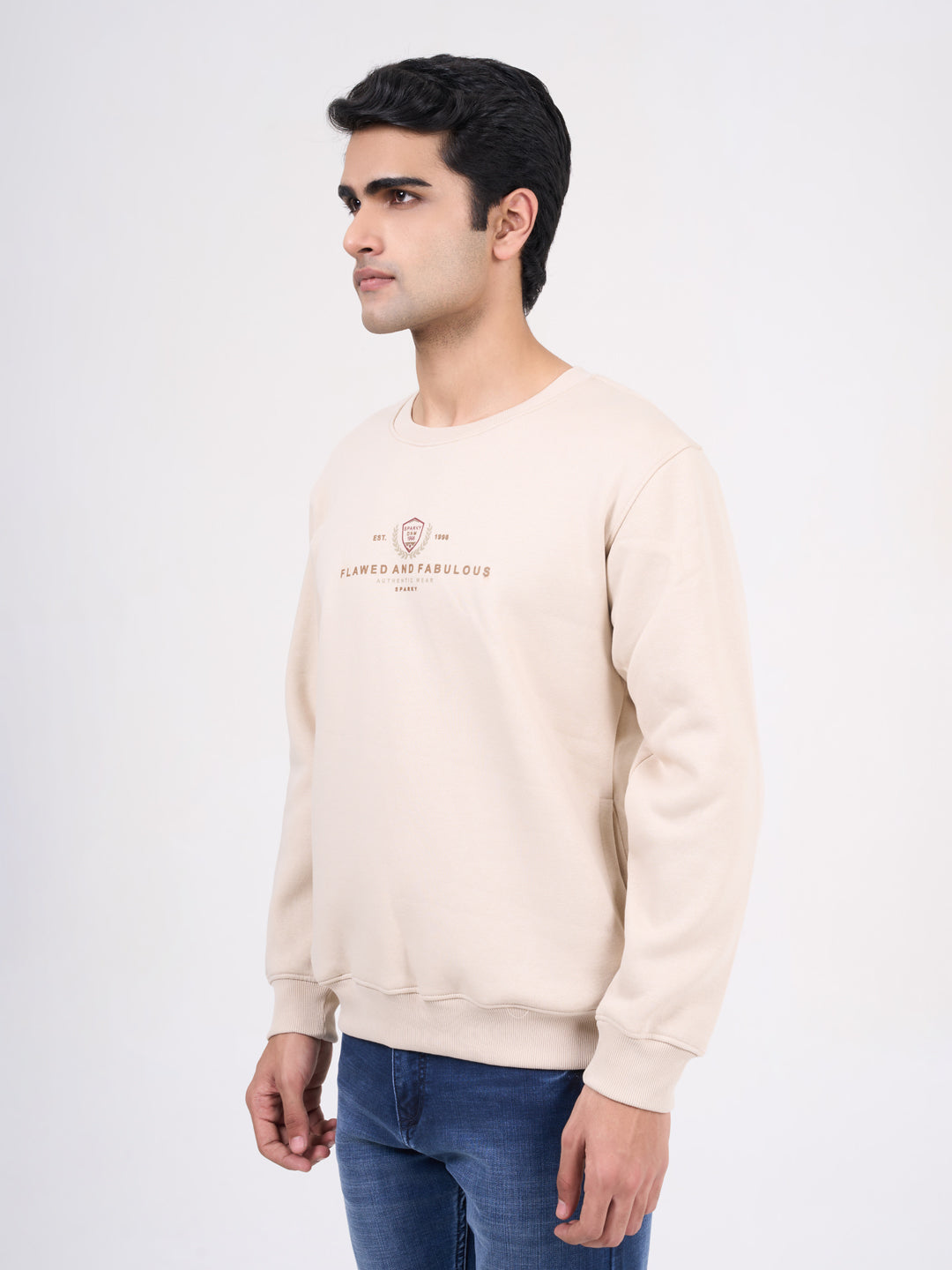 Men's Beig Solid Full Sleeves Sweatshirt