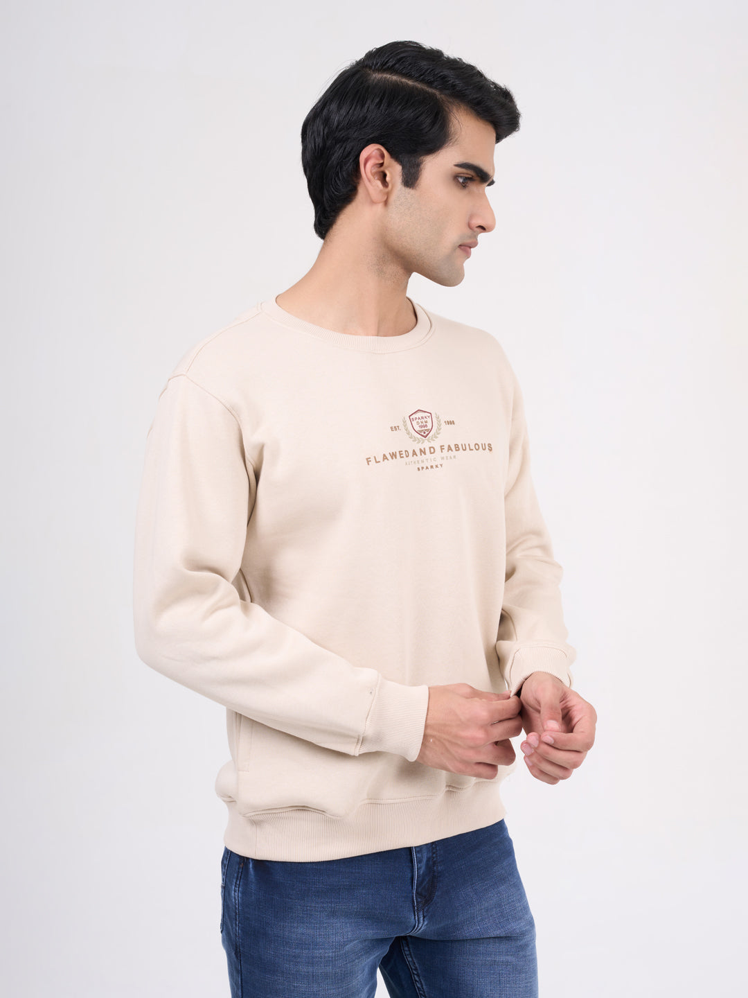 Men's Beig Solid Full Sleeves Sweatshirt