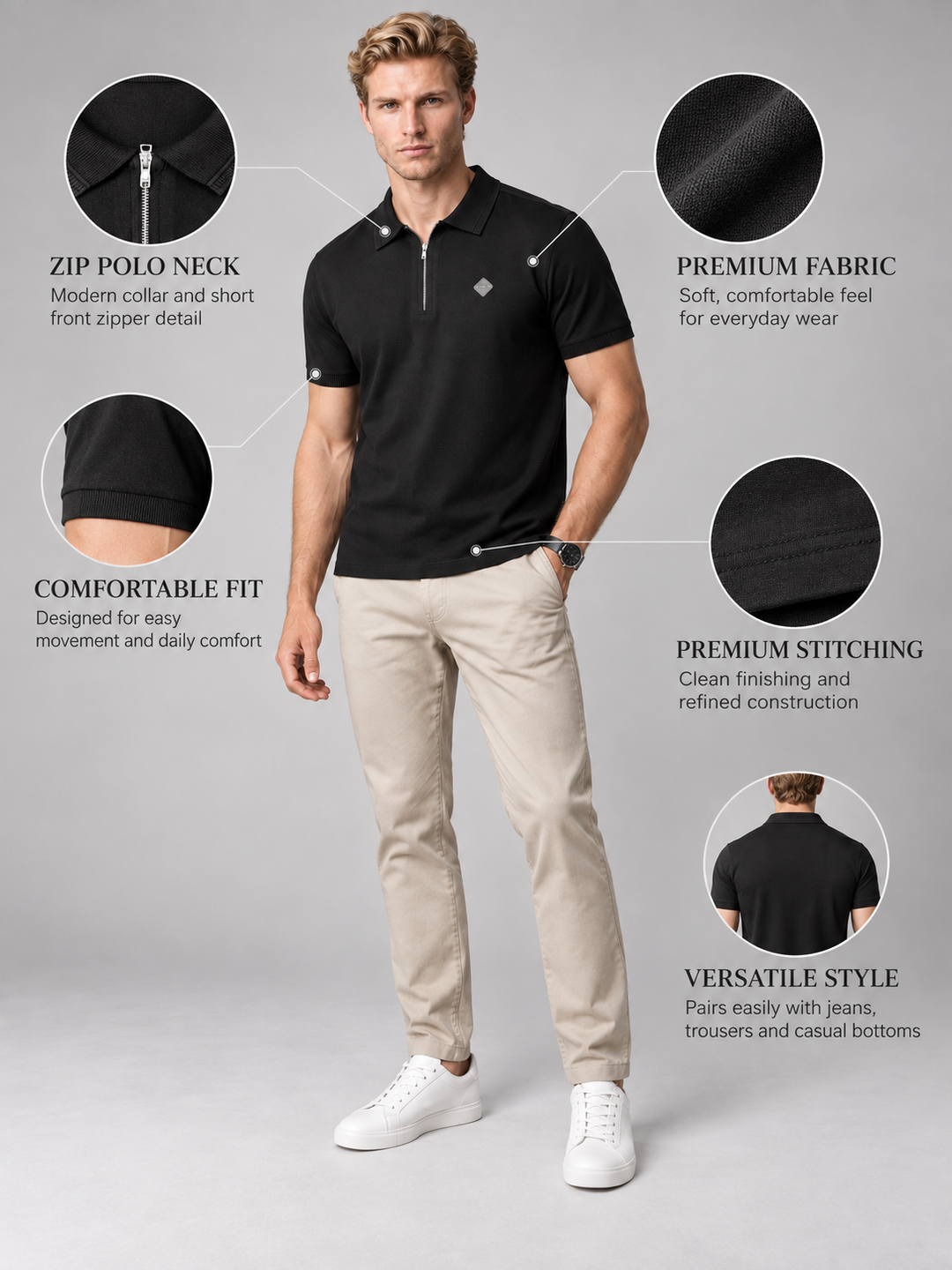 Men’s Premium Cotton Blend Half Sleeve Zipper Polo T-Shirt
