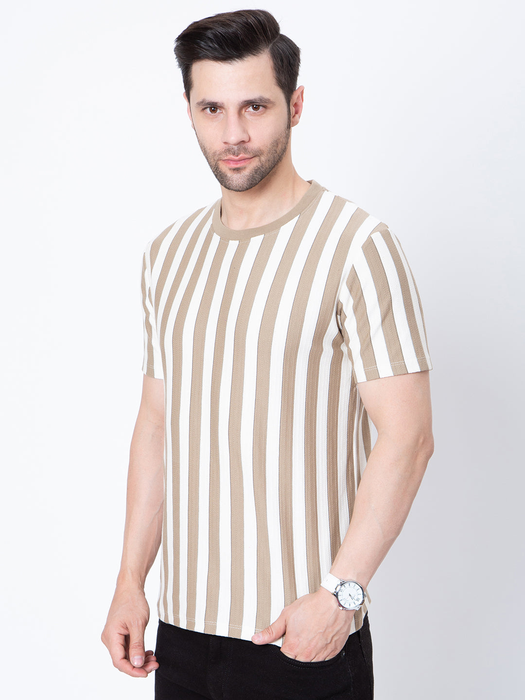 Mens Round Neck Vertical Stripers Tshirt
