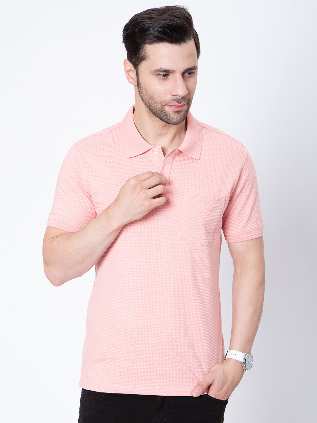 Mens Jaquard Solid Color Polo Neck Tshirt