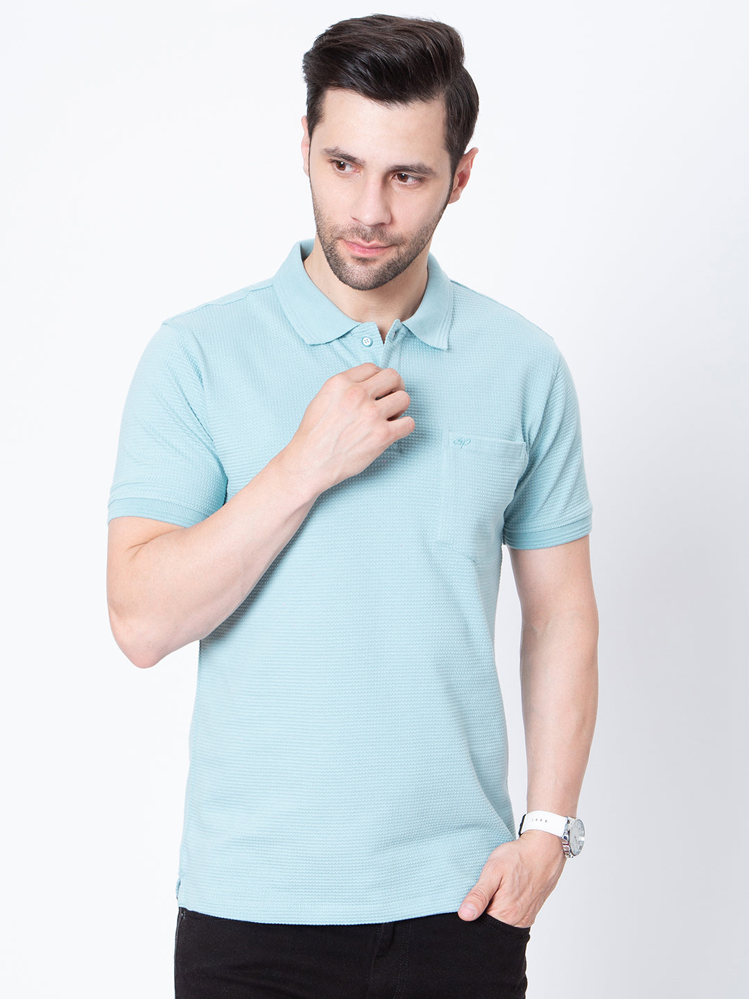 Mens Jaquard Solid Color Polo Neck Tshirt