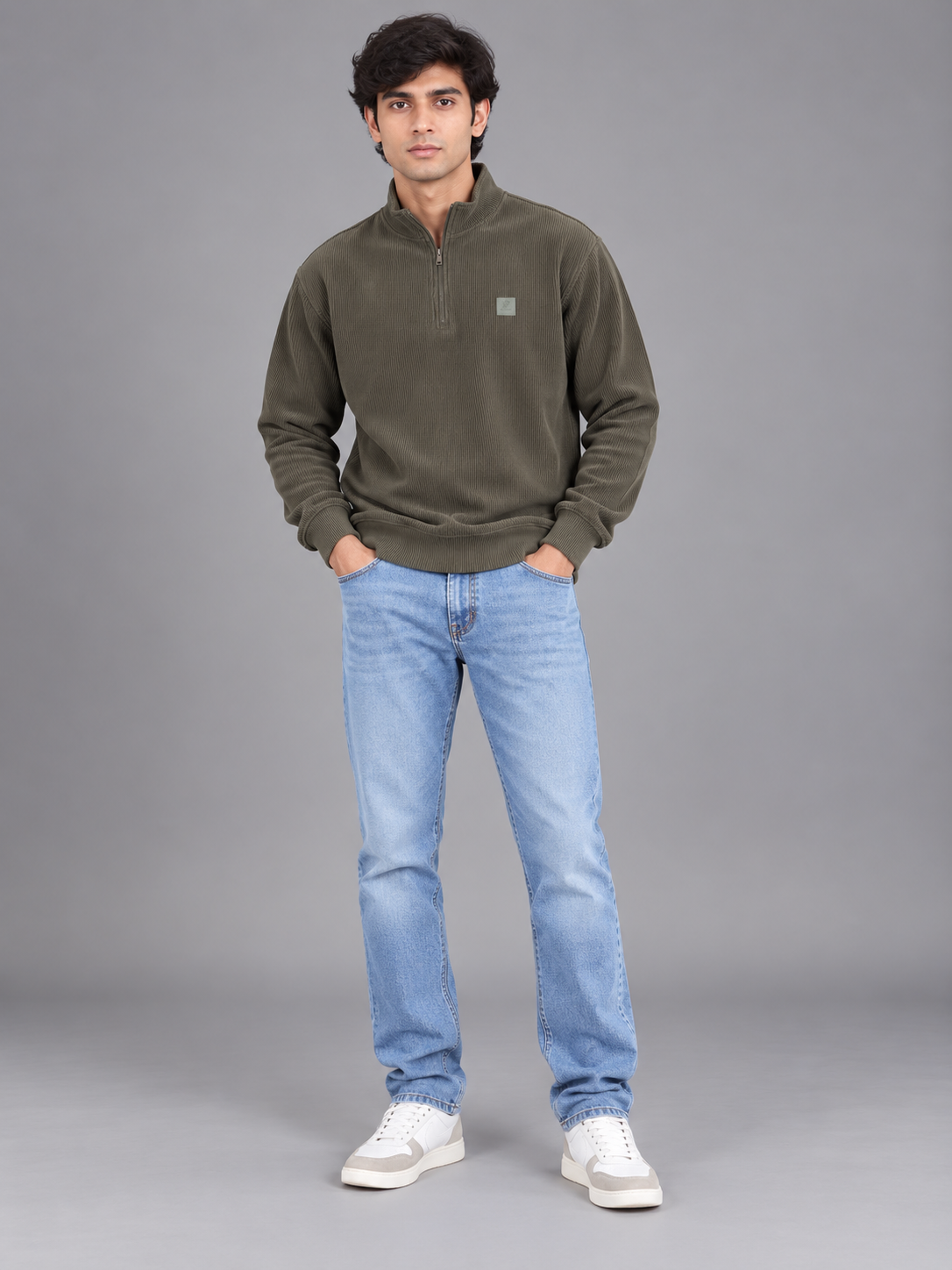 Men Light Green Colour Half Zipper Premium Sweatshirt