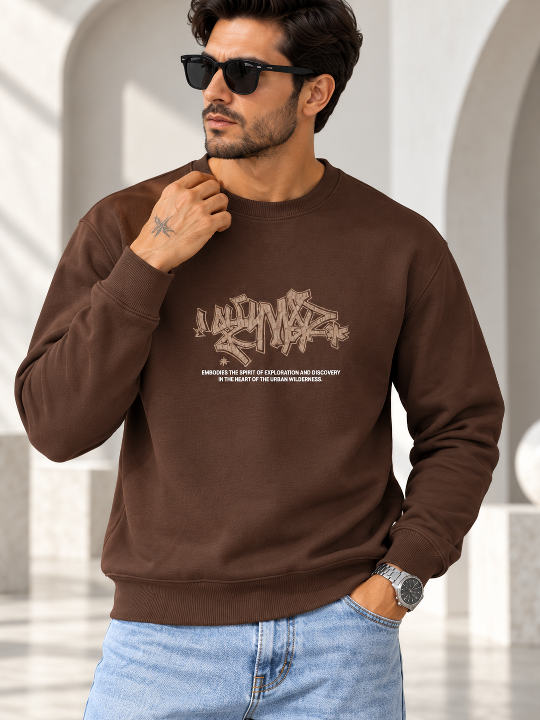 Men Brown Colour Round Neck Premium Sweatshirt