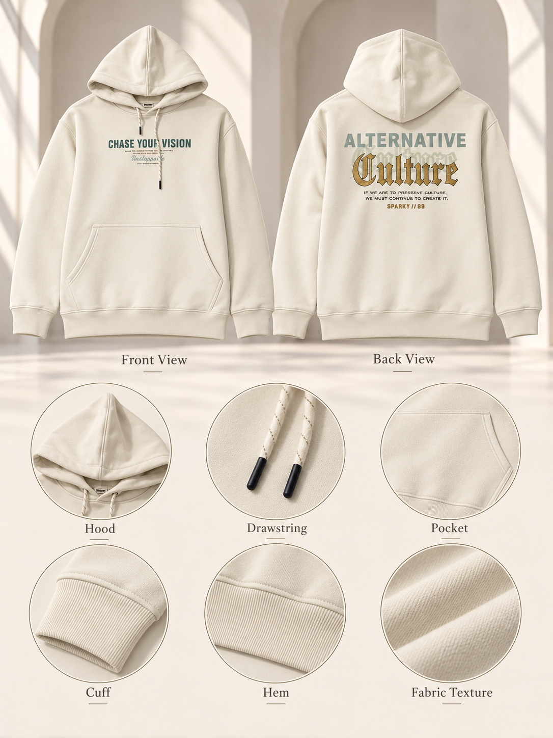 Cream Colour Regular Fit  Primium Hooded Sweatshirt