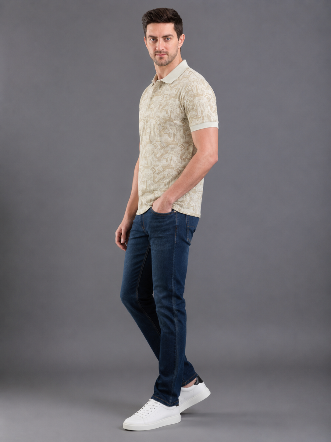 Men Fawn Color Solid Polo T-Shirt