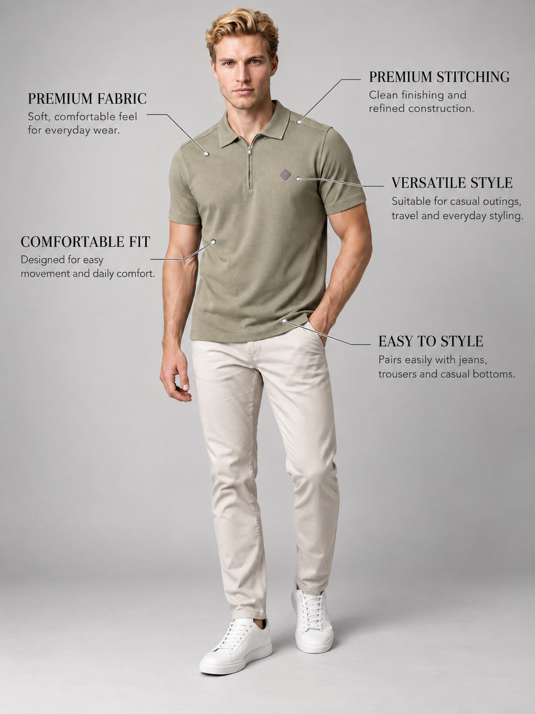 Men’s Premium Cotton Blend Half Sleeve Zipper Polo T-Shirt