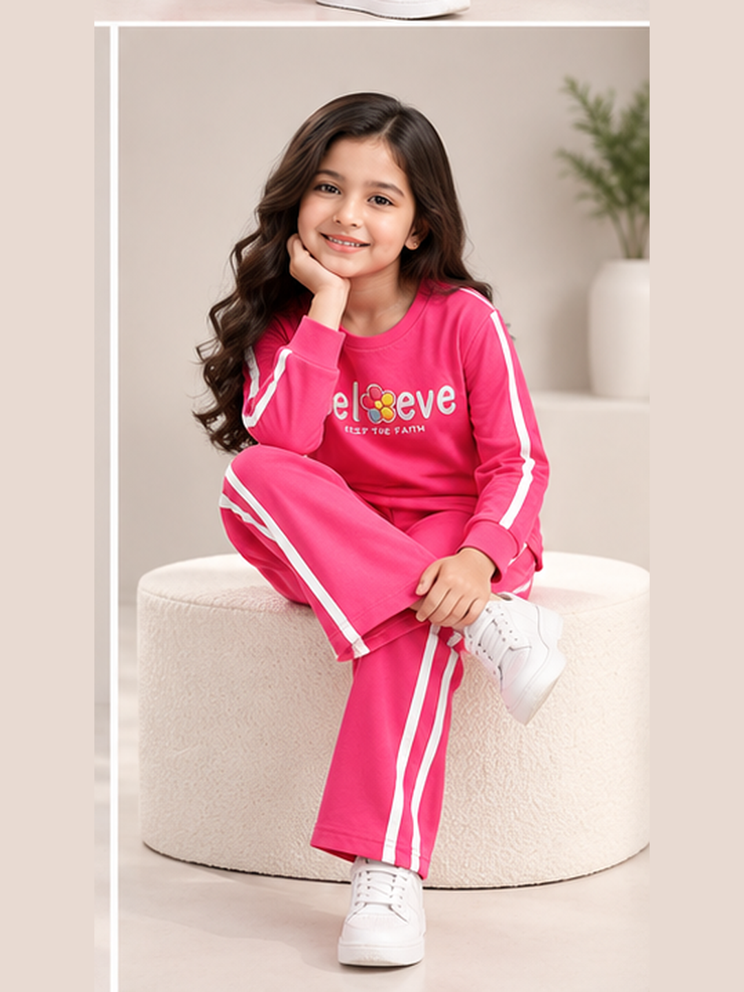 Girl's Stylish Chest Print Round Neck Co-Ord Set